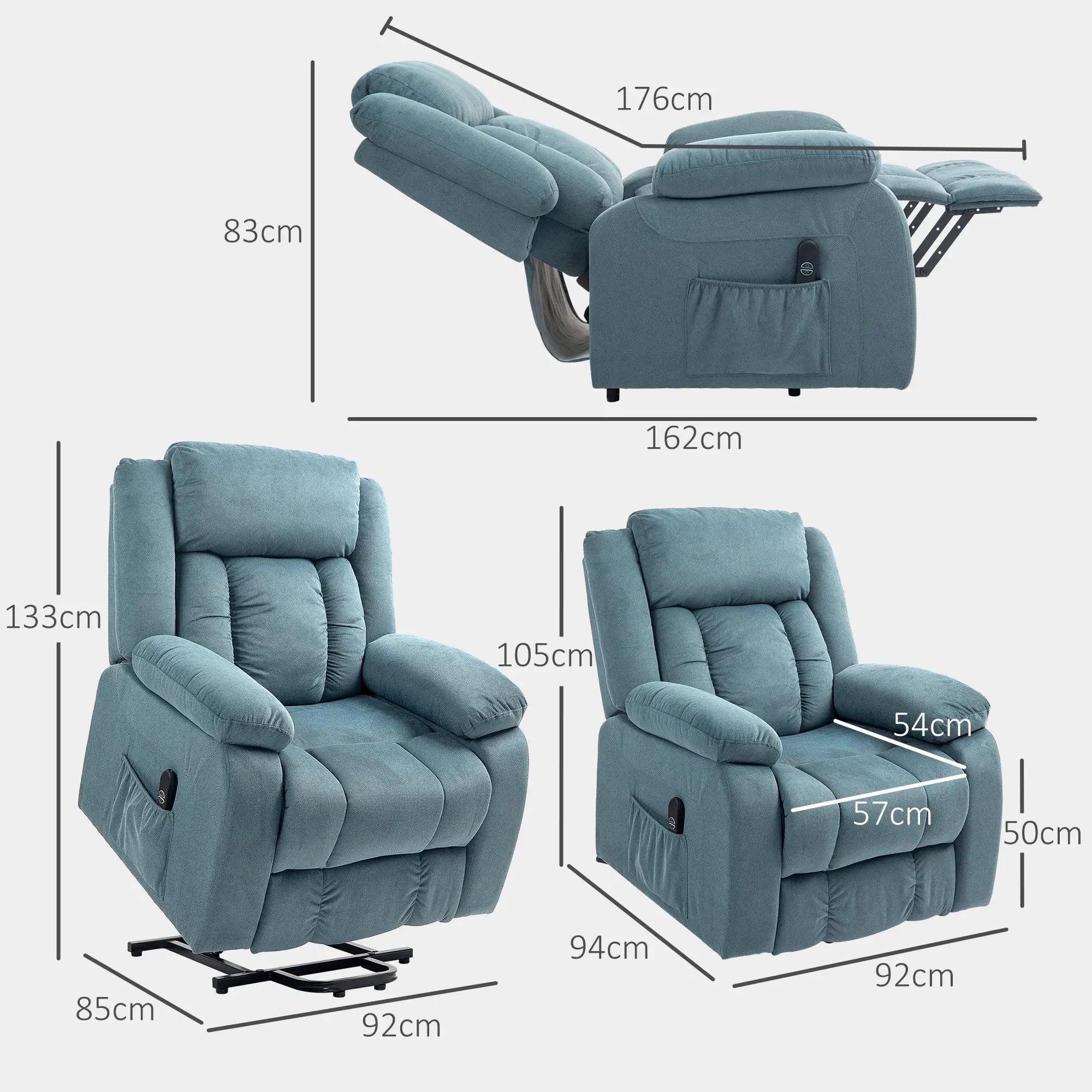 Poltrona Relax Reclinável Elétrica Poltrona Levanta Pessoas com Controlo Remoto Apoio para os Pés e Bolsos Laterais 92x94x105 cm Azul