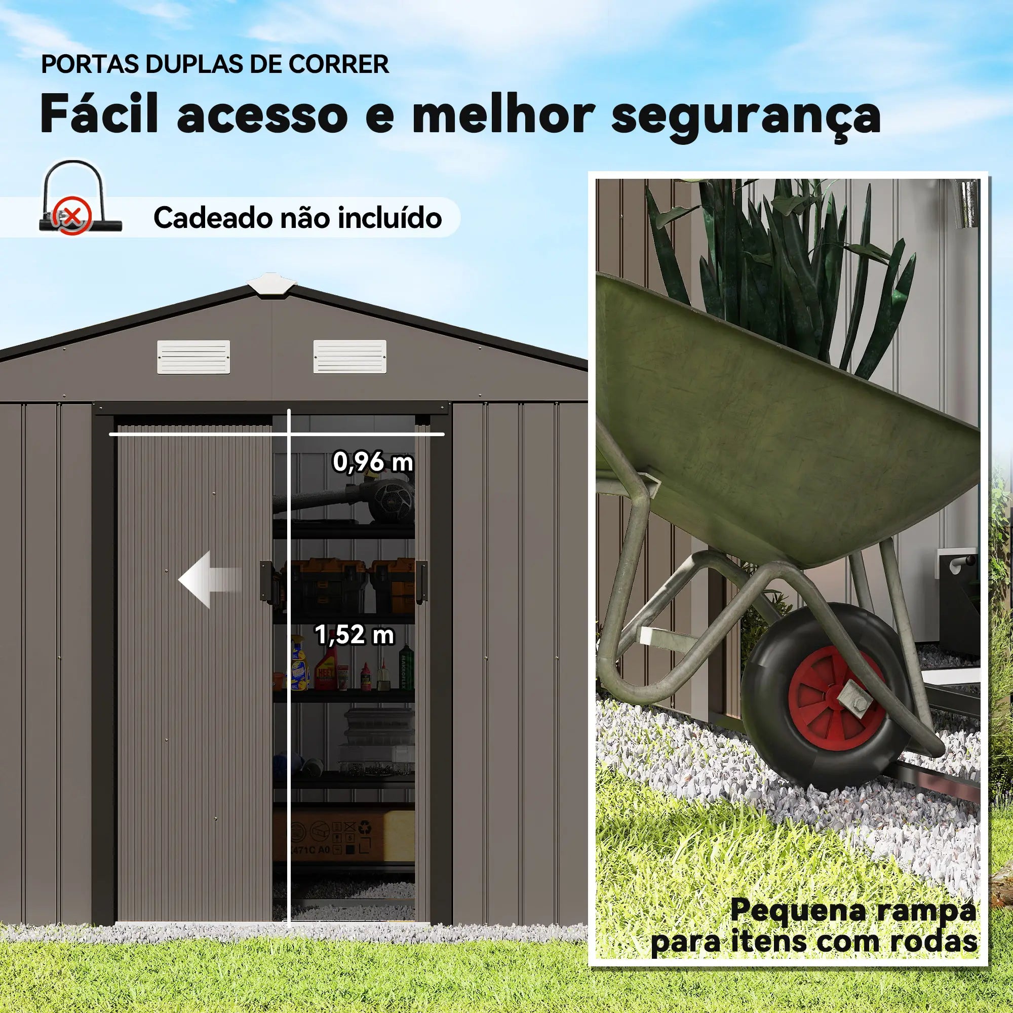 Abrigo de Jardim 277x195x192 cm Metálico para Armazenamento de Ferramentas com Base de Reforço Incluída Madeira