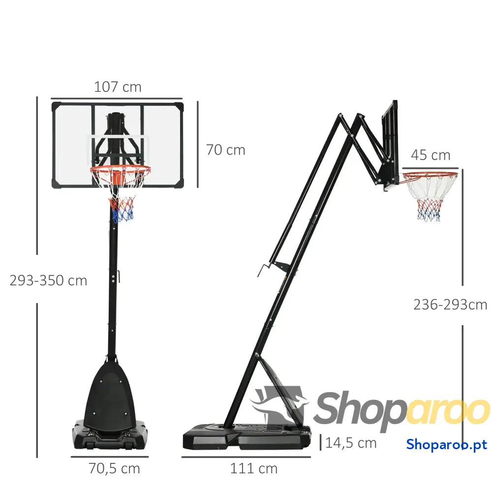 Tabela de Basquetebol com Altura Ajustável Rodas Base Preenchida Água ou Areia para Exterior 111x70,5x293 350 cm Preto