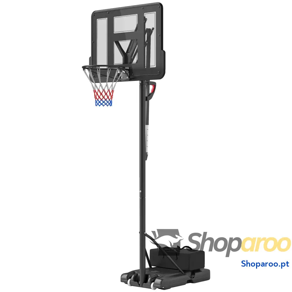 Tabela de Basquetebol Exterior com Altura Ajustável Suporte Rodas Base Recarregável e Bolsa Peso 90x60x305 cm Preto