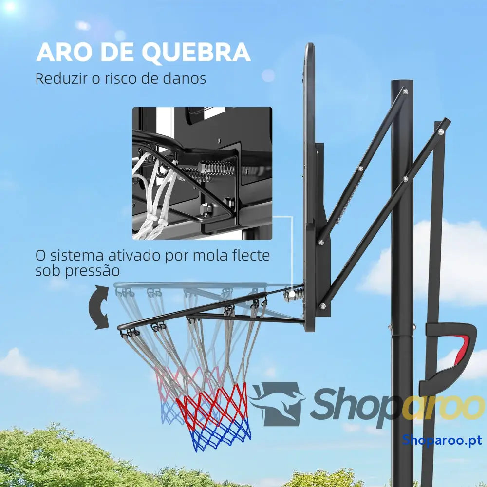 Tabela de Basquetebol Exterior com Altura Ajustável Suporte Rodas Base Recarregável e Bolsa Peso 90x60x305 cm Preto
