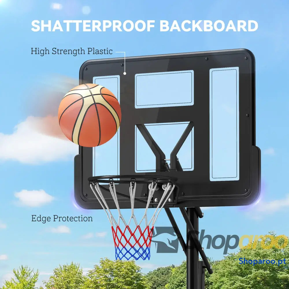 Tabela de Basquetebol Exterior com Altura Ajustável Suporte Rodas Base Recarregável e Bolsa Peso 90x60x305 cm Preto