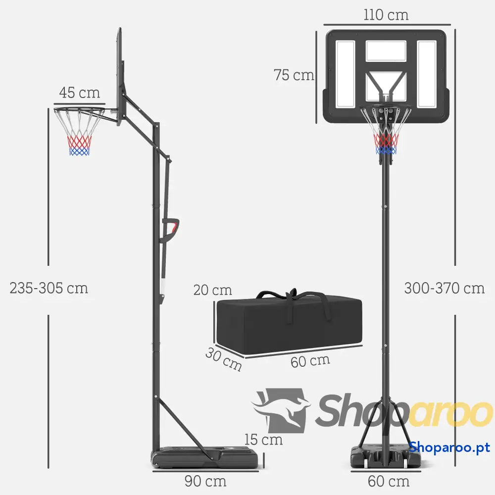 Tabela de Basquetebol Exterior com Altura Ajustável Suporte Rodas Base Recarregável e Bolsa Peso 90x60x305 cm Preto