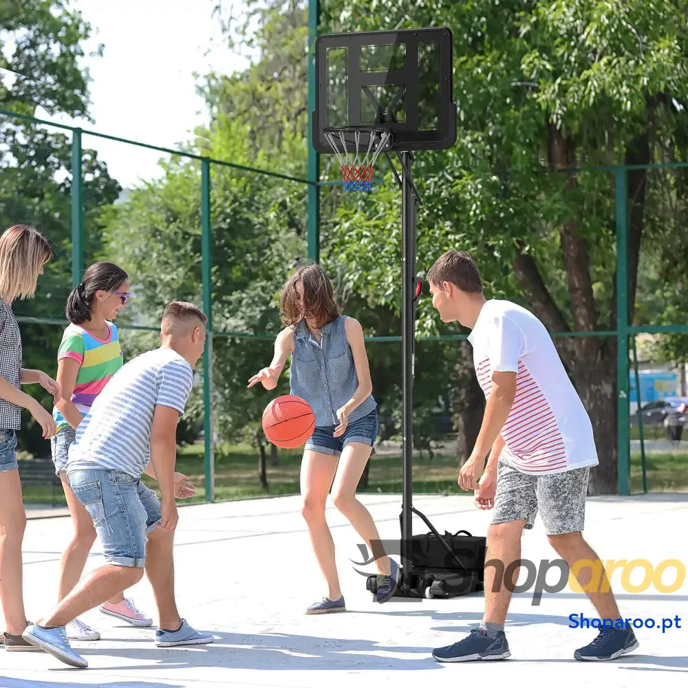 Tabela de Basquetebol Exterior com Altura Ajustável Suporte Rodas Base Recarregável e Bolsa Peso 90x60x305 cm Preto