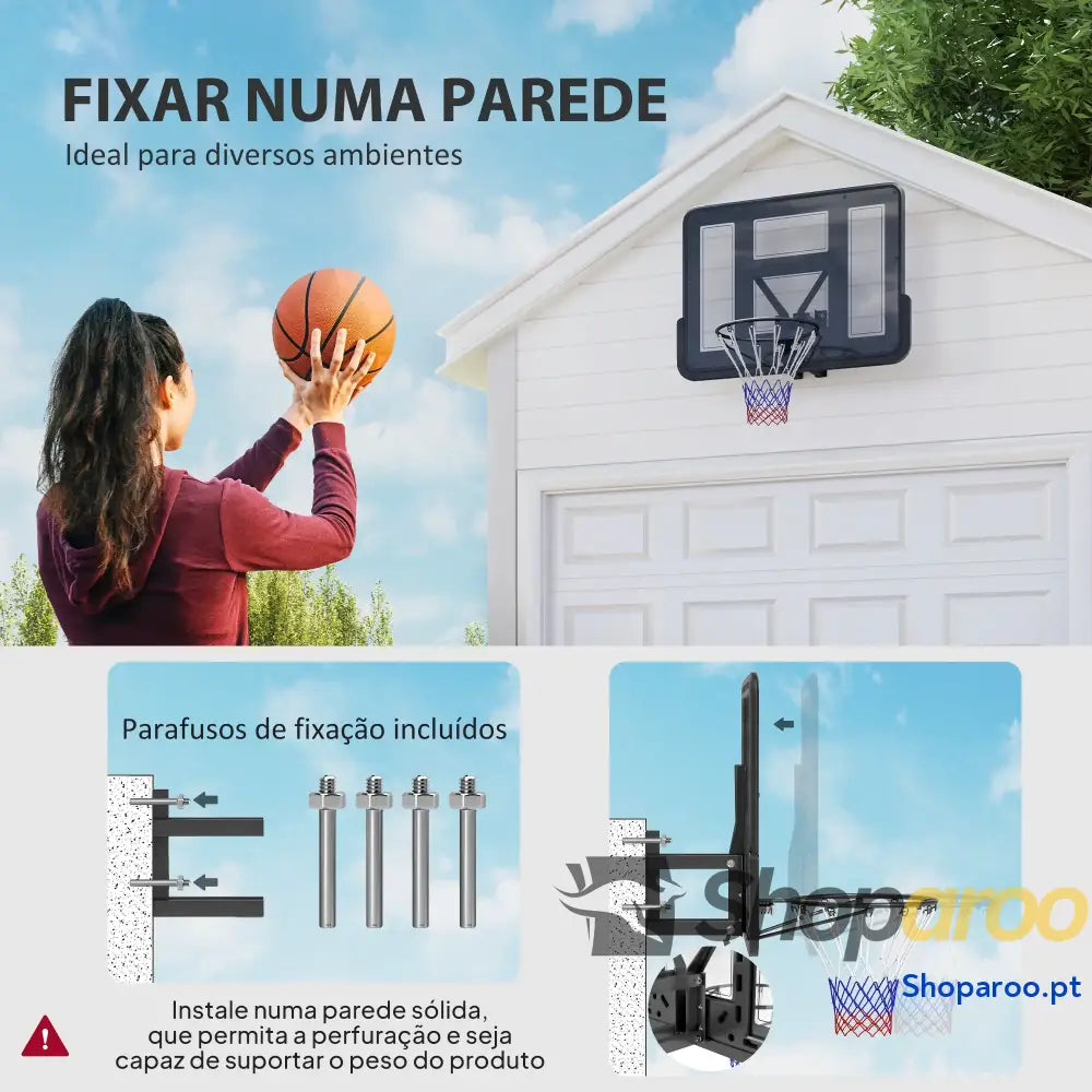 Tabela de Basquetebol Parede para Interior e Exterior com Painel Inquebrável 110x75 cm Rede Resistente a Rasgos Preto