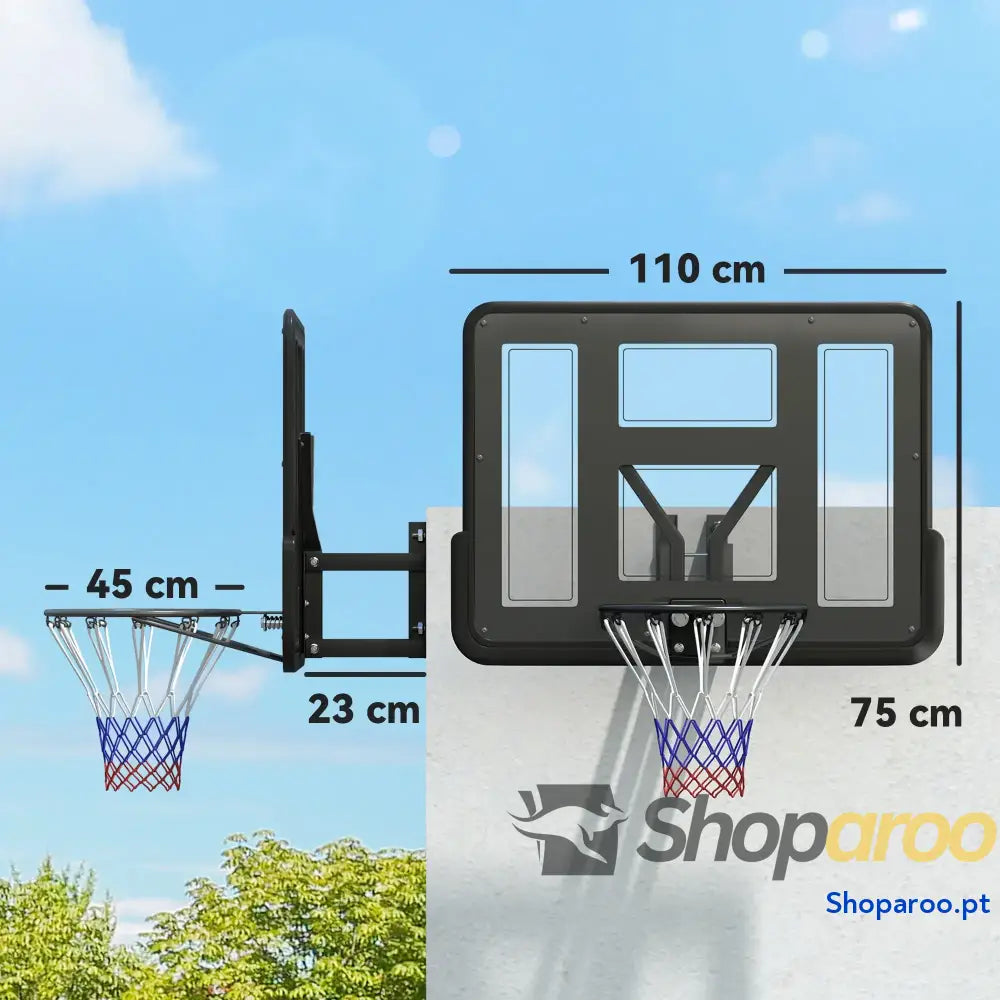 Tabela de Basquetebol Parede para Interior e Exterior com Painel Inquebrável 110x75 cm Rede Resistente a Rasgos Preto