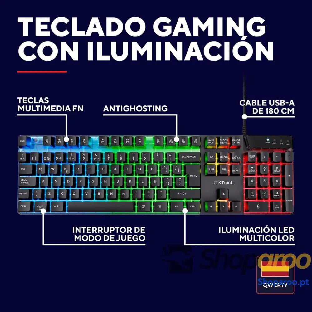 Teclado retroiluminado Trust Gaming GXT 835 Azor layout QWERTY espanhol iluminação LED teclado gaming com fios