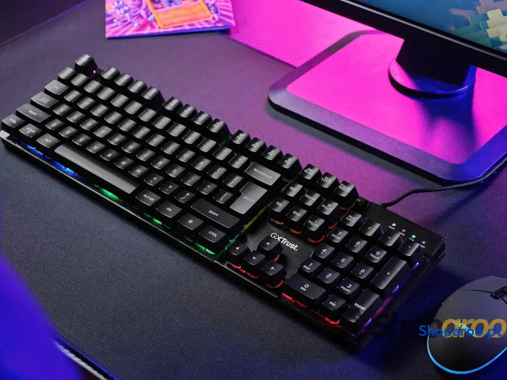 Teclado retroiluminado Trust Gaming GXT 835 Azor layout QWERTY espanhol iluminação LED teclado gaming com fios