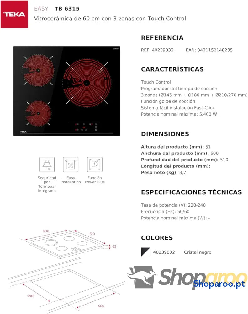 Teka TB PRO 6315 Vitrocerâmica 3 Queimadores 60 cm Tecnologia Touch Control com Cronómetro Cor Preto
