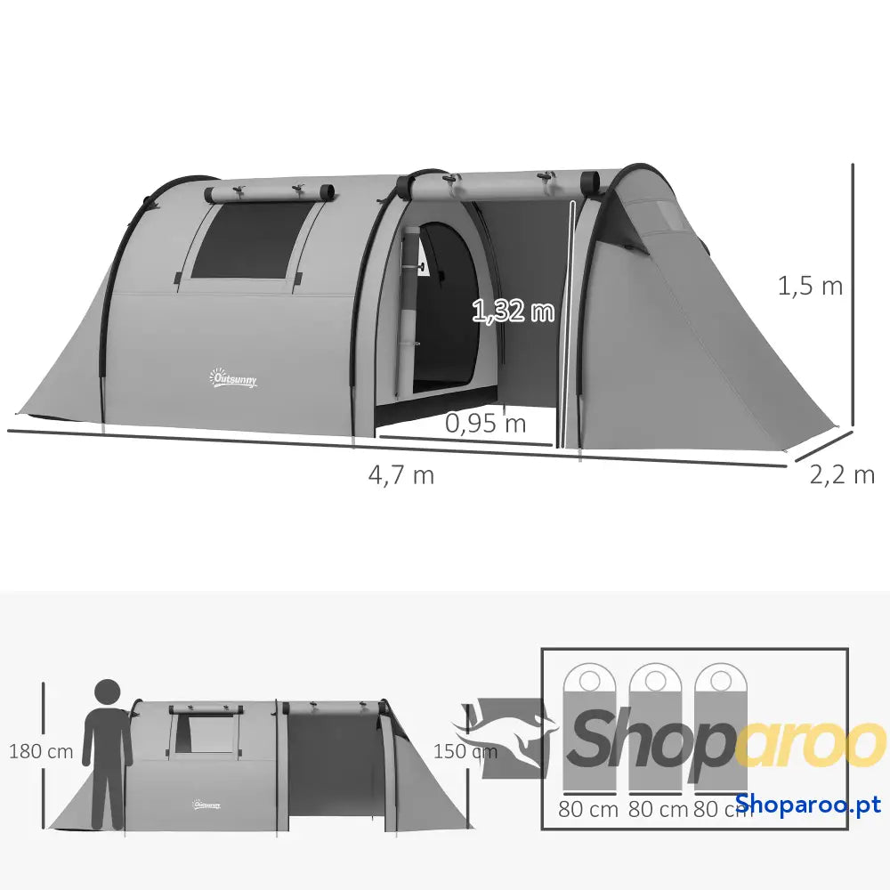 Tenda Campismo Dobrável Familiar para 3 Pessoas Impermeável Cinzento