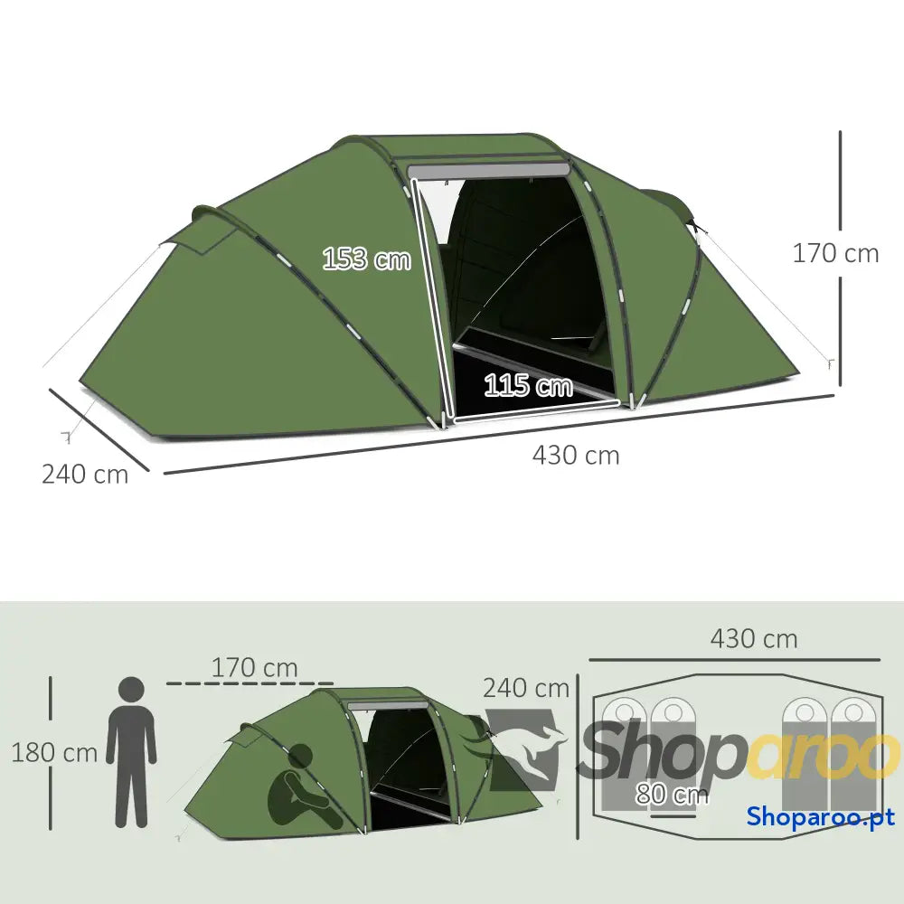 Tenda de Campismo Familiar Dobrável para 4 Pessoas Verde Impermeável