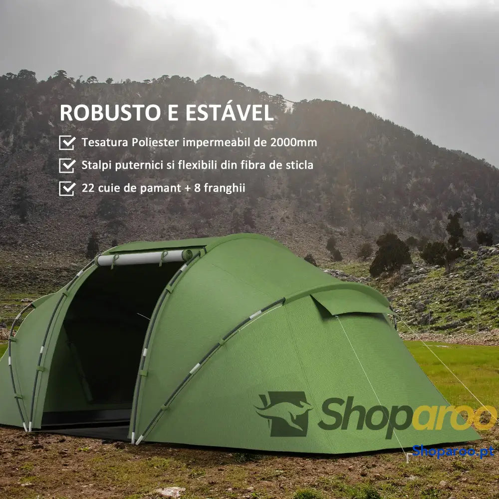 Tenda de Campismo Familiar Dobrável para 4 Pessoas Verde Impermeável