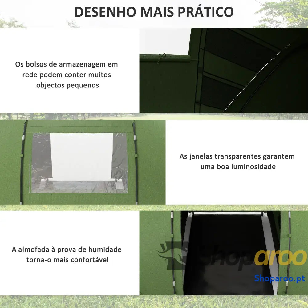 Tenda de Campismo Familiar Dobrável para 4 Pessoas Verde Impermeável