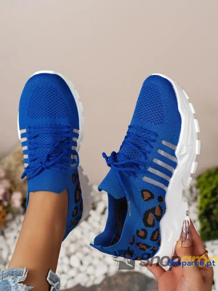 Ténis Femininos Recorte Leopardo Lace Up Mesh Atlético