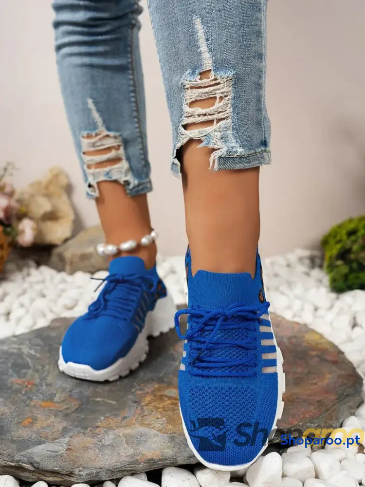 Ténis Femininos Recorte Leopardo Lace Up Mesh Atlético