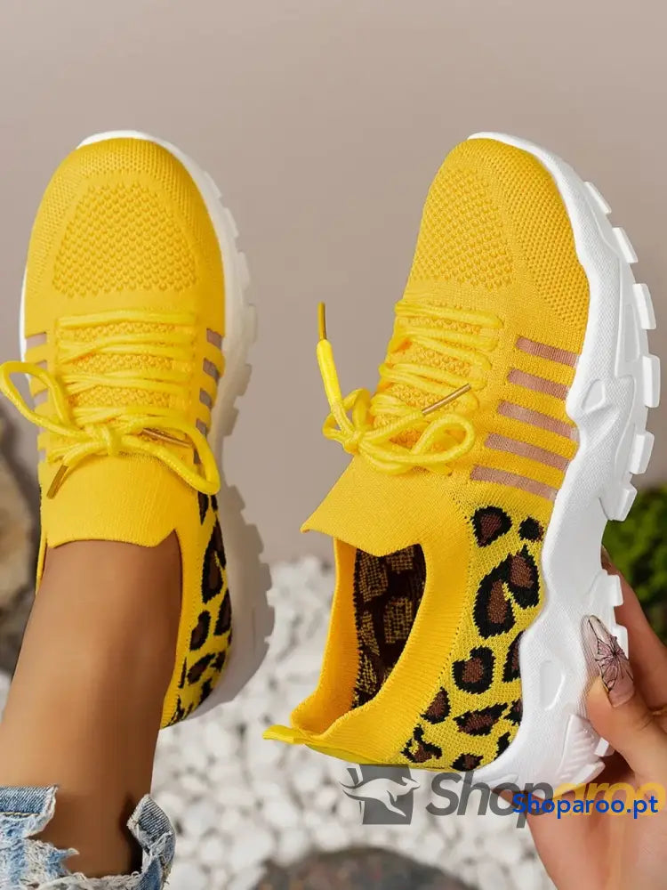 Ténis Femininos Recorte Leopardo Lace Up Mesh Atlético