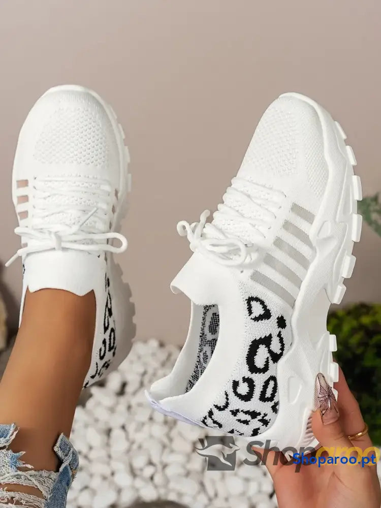 Ténis Femininos Recorte Leopardo Lace Up Mesh Atlético