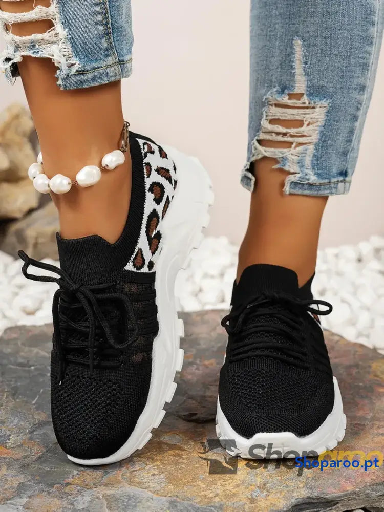 Ténis Femininos Recorte Leopardo Lace Up Mesh Atlético