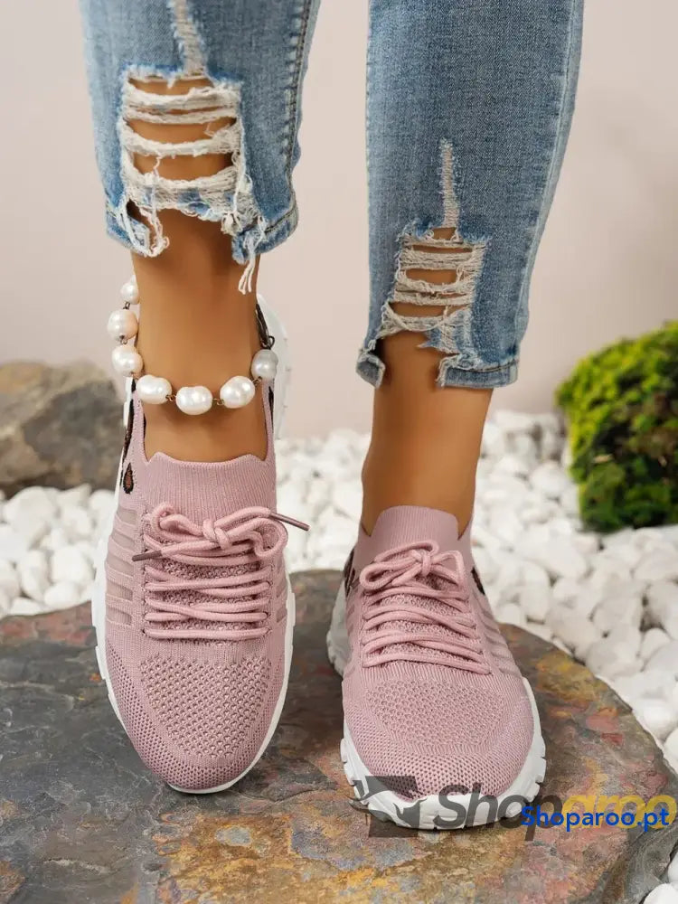 Ténis Femininos Recorte Leopardo Lace Up Mesh Atlético