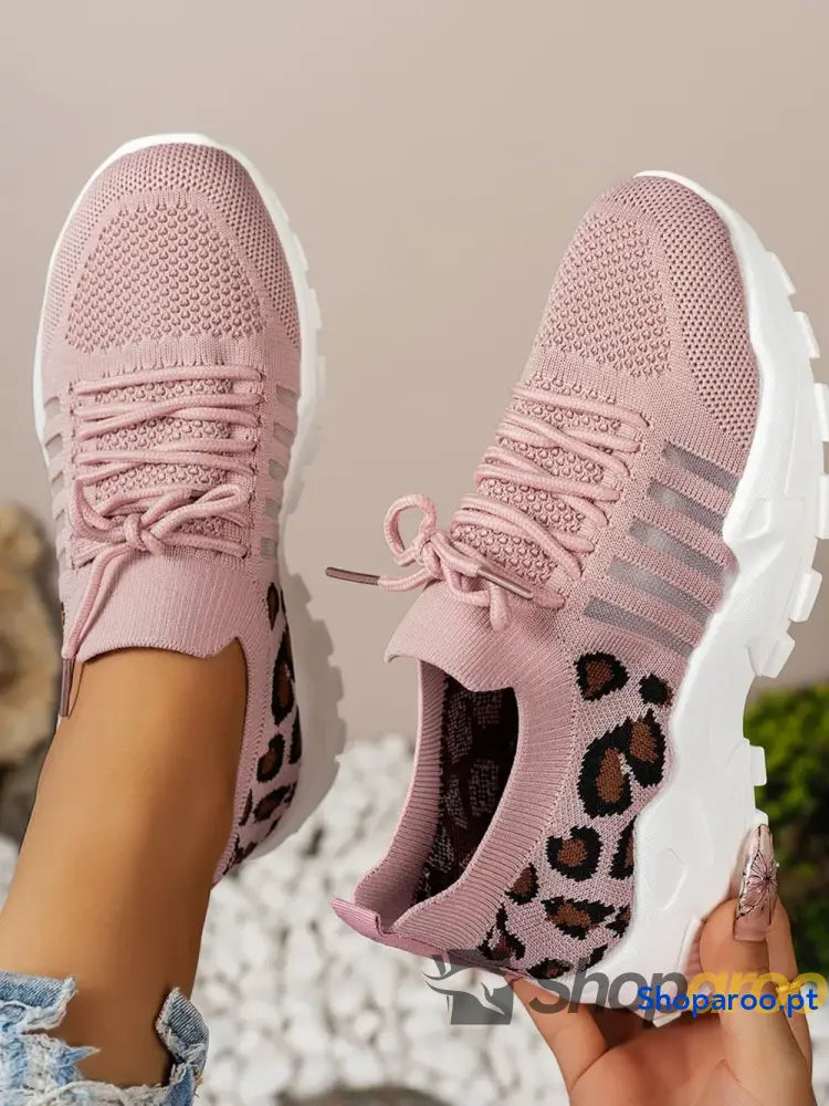 Ténis Femininos Recorte Leopardo Lace Up Mesh Atlético