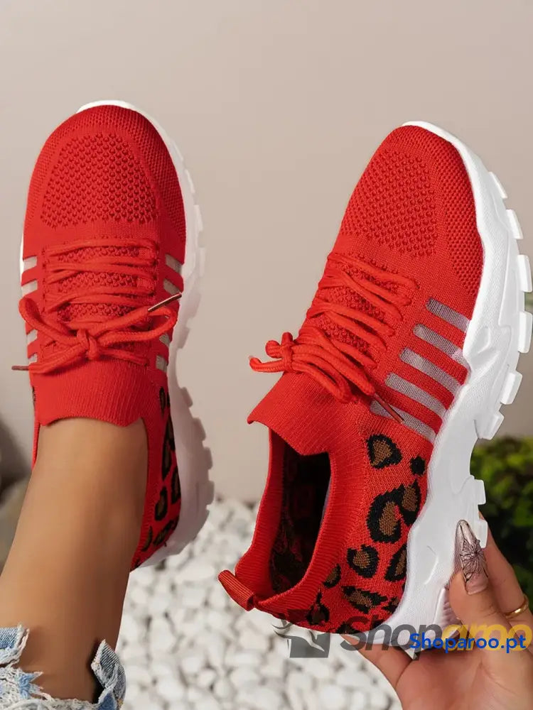 Ténis Femininos Recorte Leopardo Lace Up Mesh Atlético