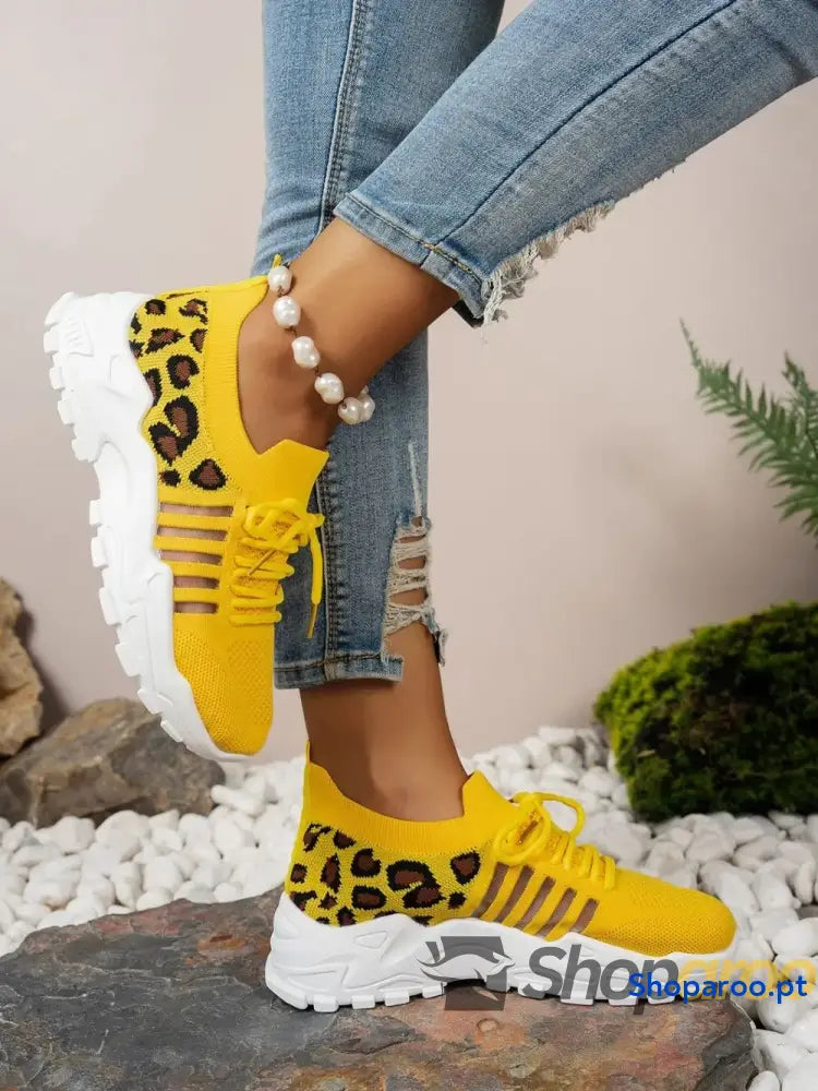 Ténis Femininos Recorte Leopardo Lace Up Mesh Atlético