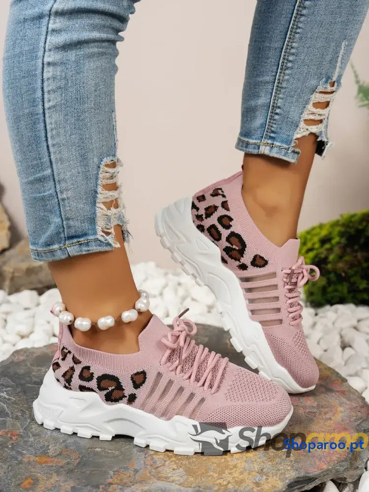 Ténis Femininos Recorte Leopardo Lace Up Mesh Atlético