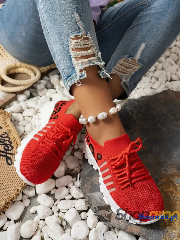 Ténis Femininos Recorte Leopardo Lace Up Mesh Atlético