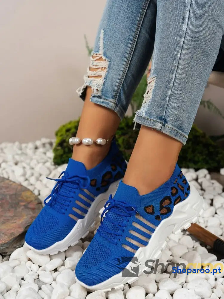 Ténis Femininos Recorte Leopardo Lace Up Mesh Atlético