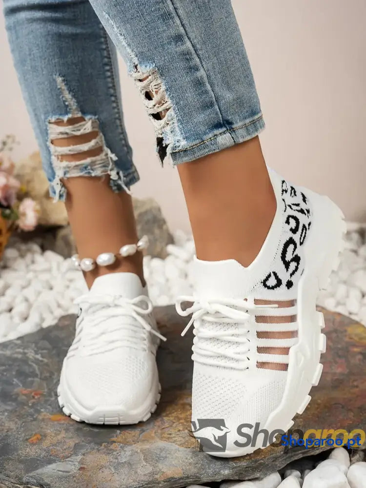 Ténis Femininos Recorte Leopardo Lace Up Mesh Atlético