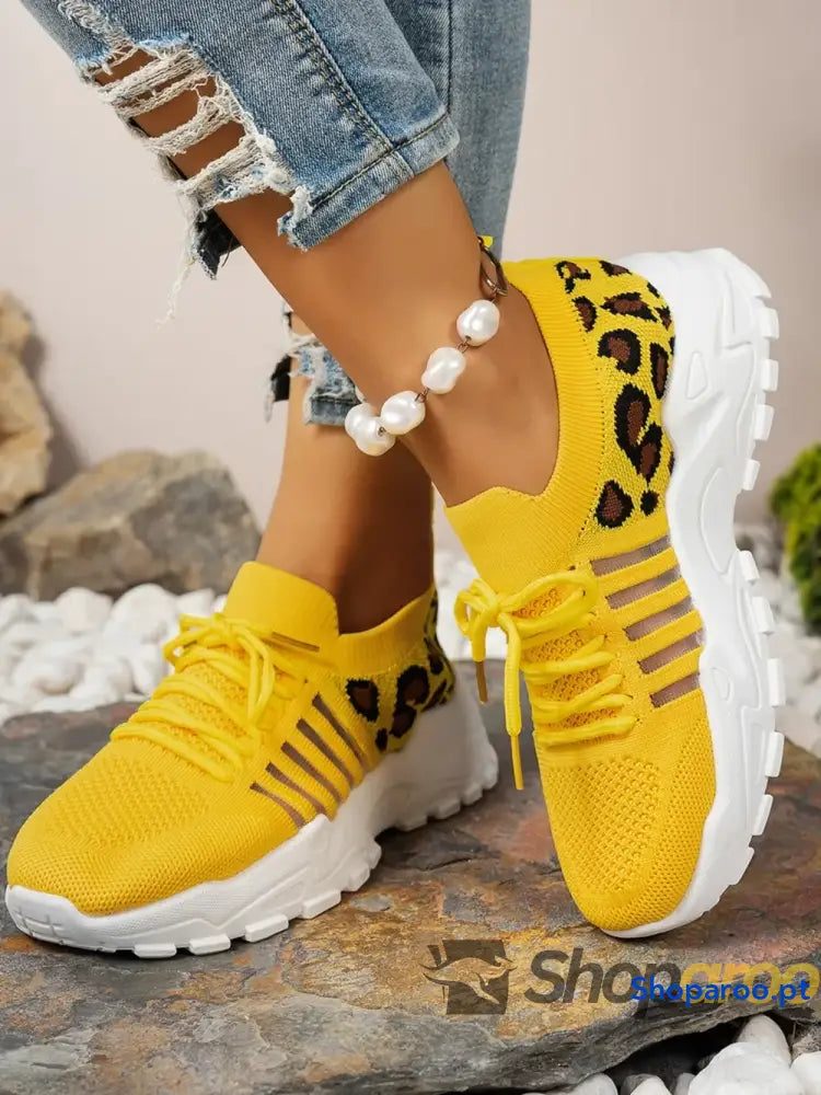 Ténis Femininos Recorte Leopardo Lace Up Mesh Atlético