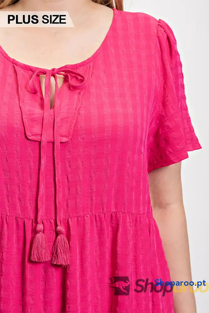 Textured woven tiered dress with tassel tie and pockets