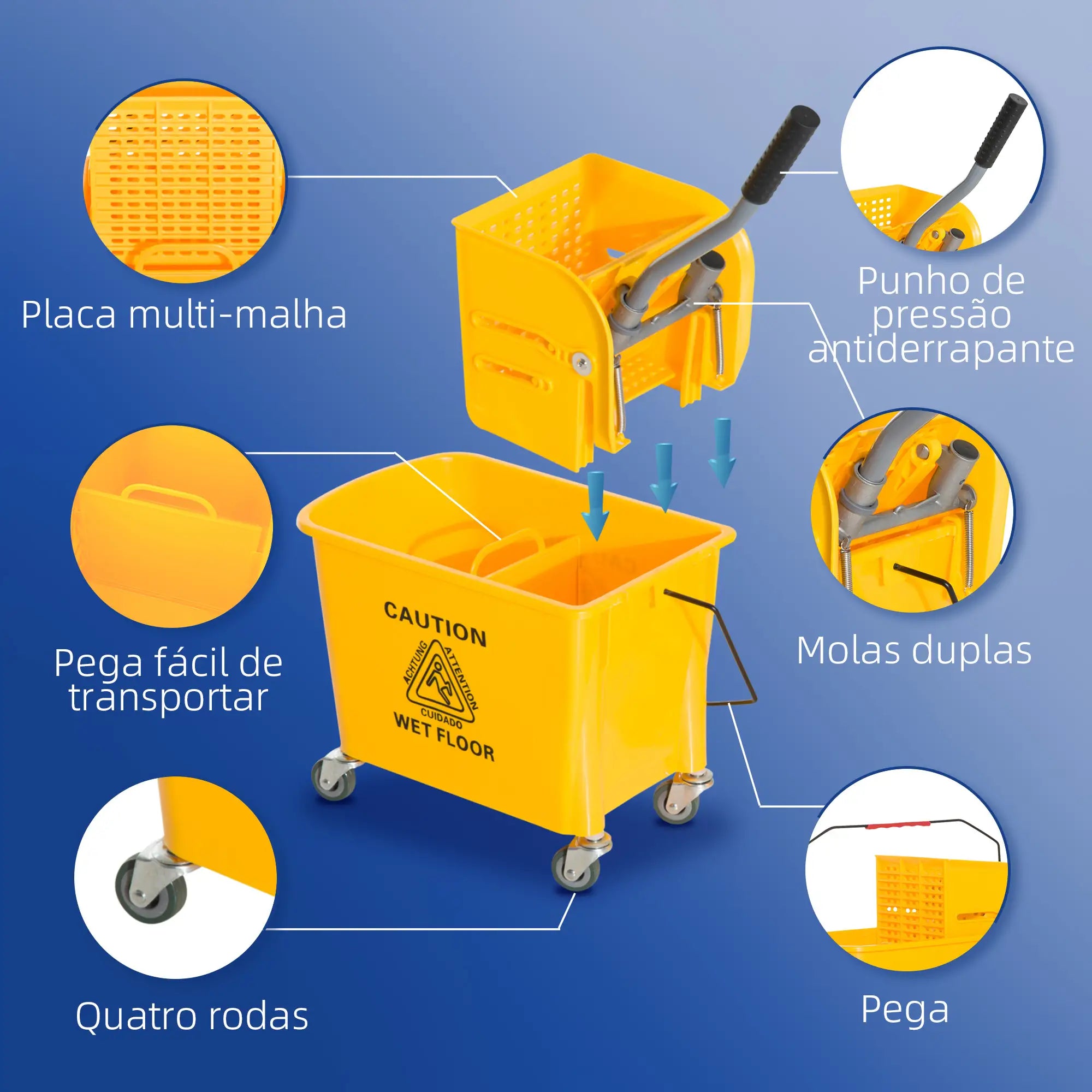 Balde de esfregona profissional 20L com rodas e prensa industrial amarelo