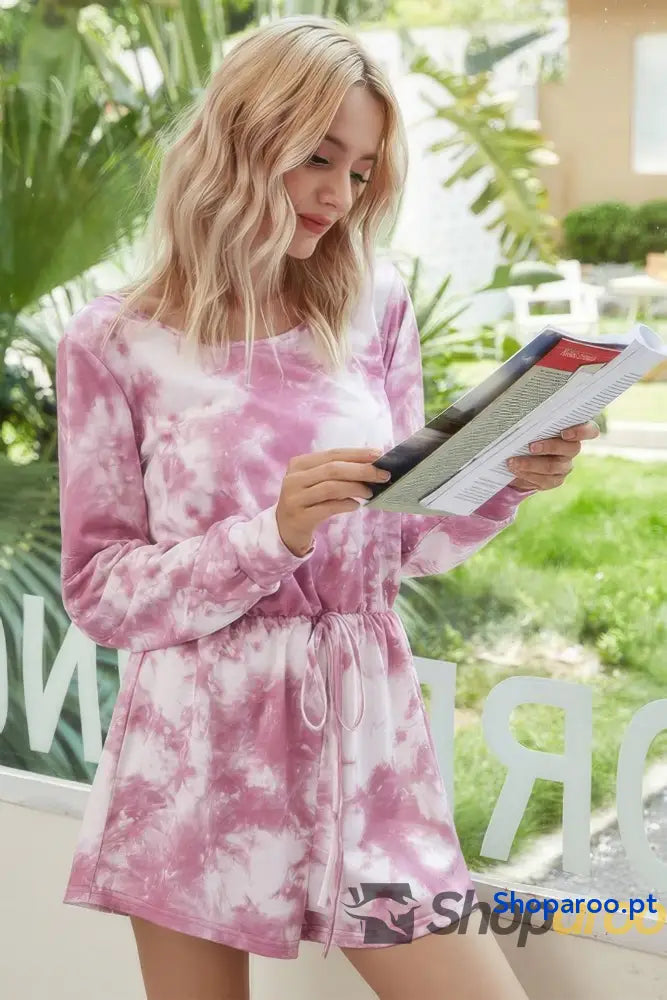 Tie Dye Round Neck Drawstring Romper