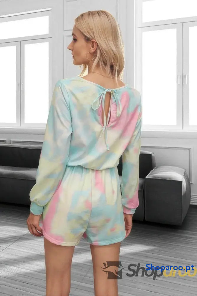 Tie Dye Round Neck Drawstring Romper