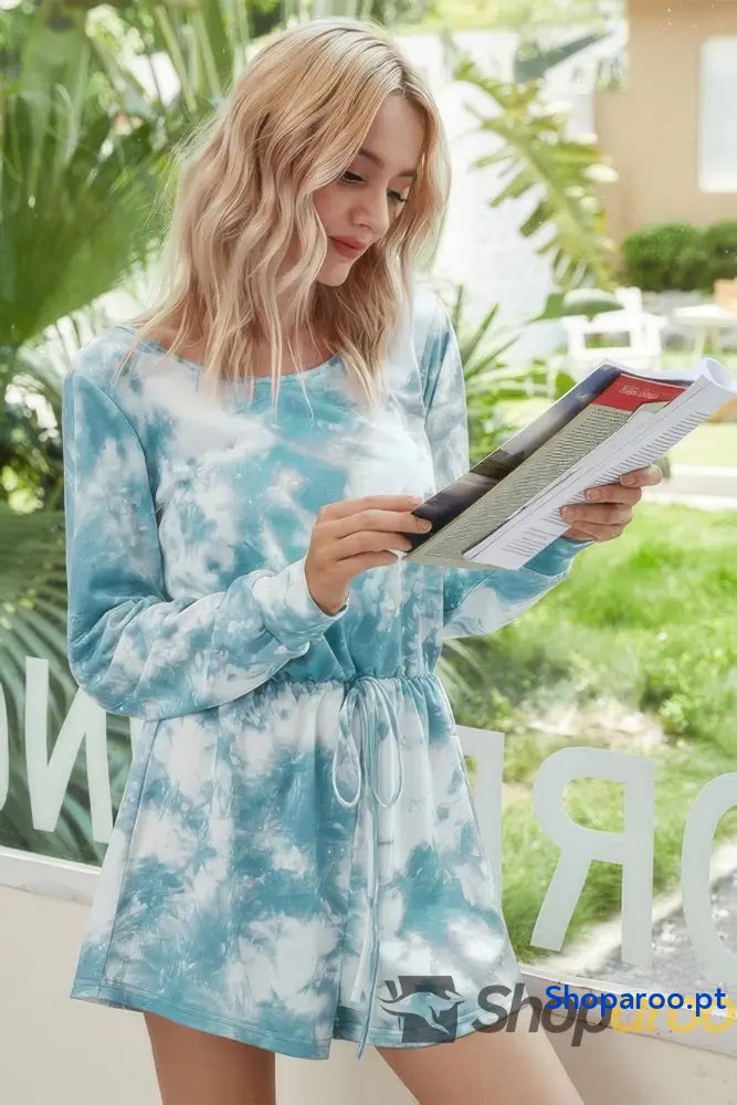 Tie Dye Round Neck Drawstring Romper