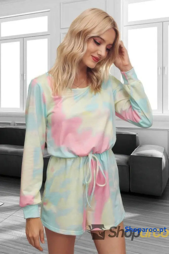 Tie Dye Round Neck Drawstring Romper
