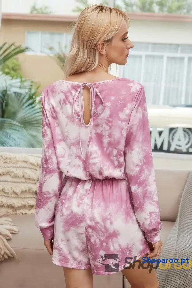 Tie Dye Round Neck Drawstring Romper