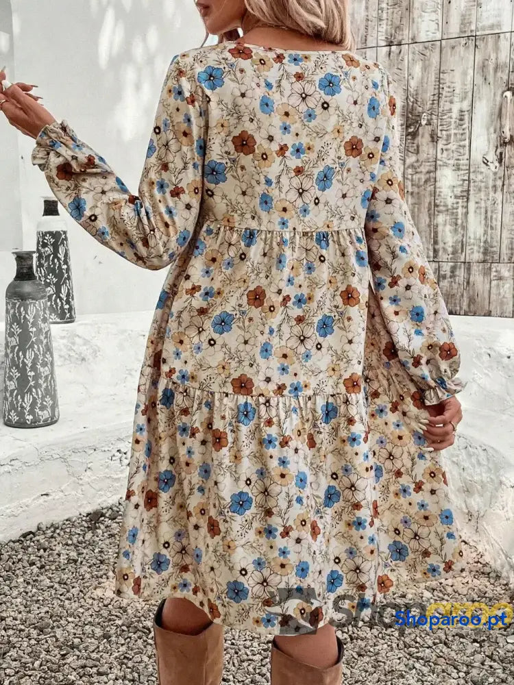 Tiered Floral Round Neck Long Sleeve Dress