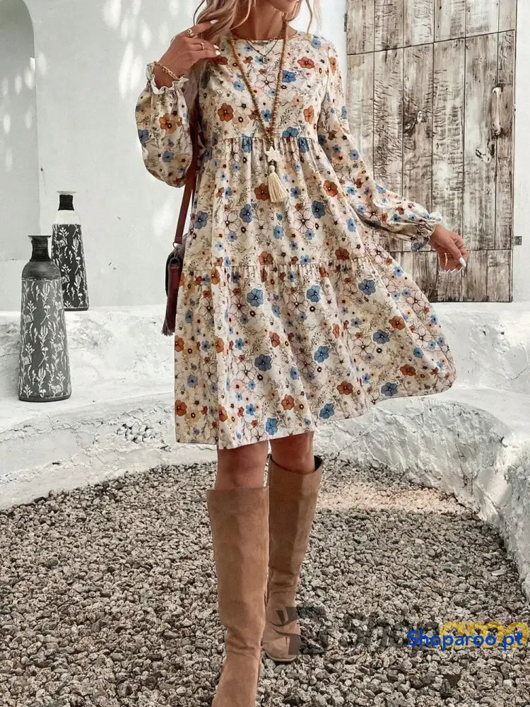 Tiered Floral Round Neck Long Sleeve Dress