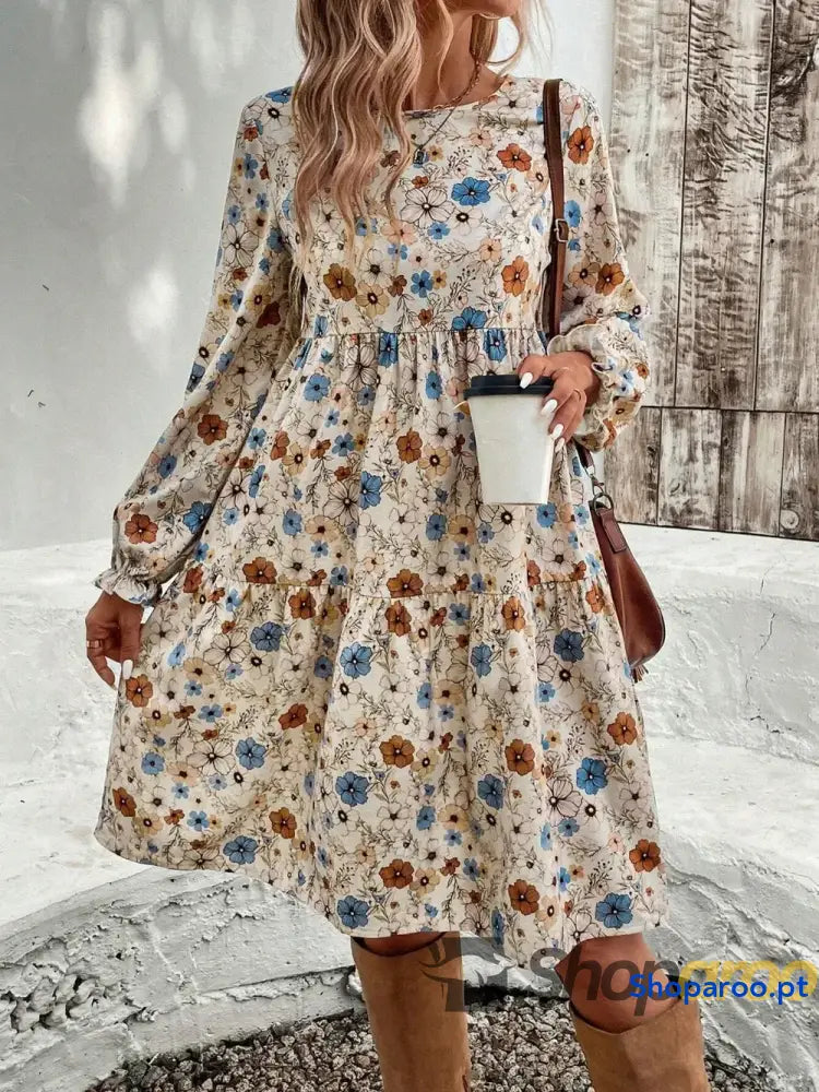 Tiered Floral Round Neck Long Sleeve Dress