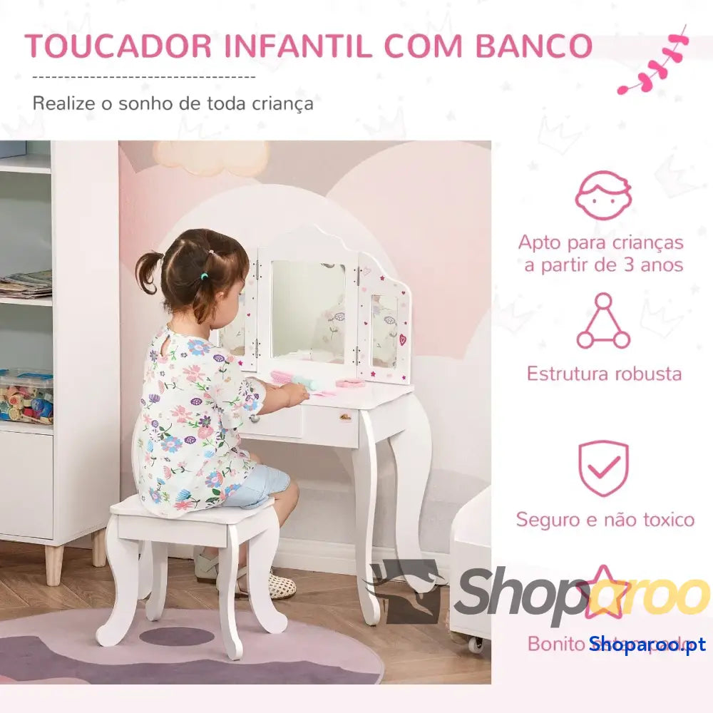 Toucador Infantil de Madeira com Banco e Espelho Acrílico 2 Sessões Mesa Maquilhagem Gaveta para Dormitório Sala Jogos