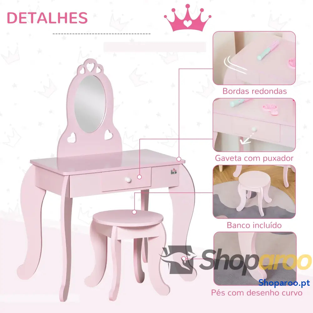 Toucador Infantil Princesa com Espelho e Banco Rosa