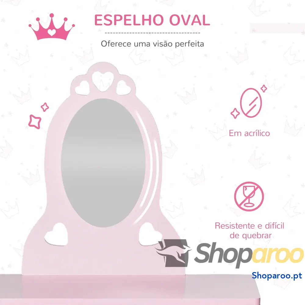 Toucador Infantil Princesa com Espelho e Banco Rosa