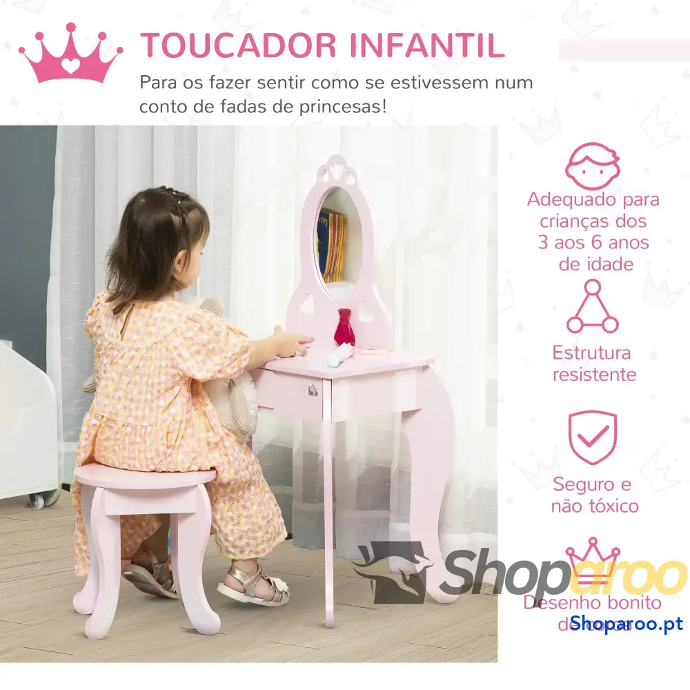 Toucador Infantil Princesa com Espelho e Banco Rosa