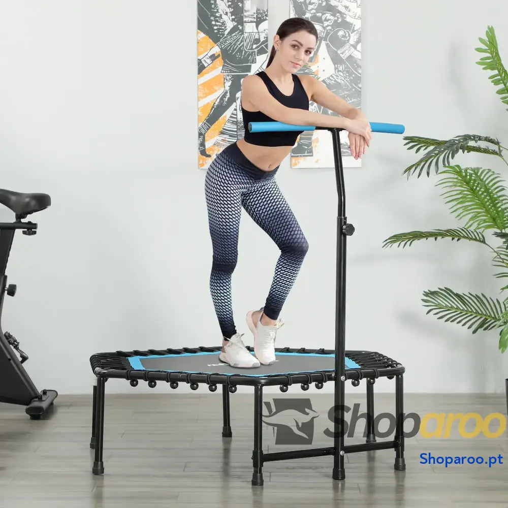 Trampolim Fitness 114x114x132 cm com Guiador Ajustável em 3 Níveis Estrutura de Aço para Treino de Perna Corpo Azul