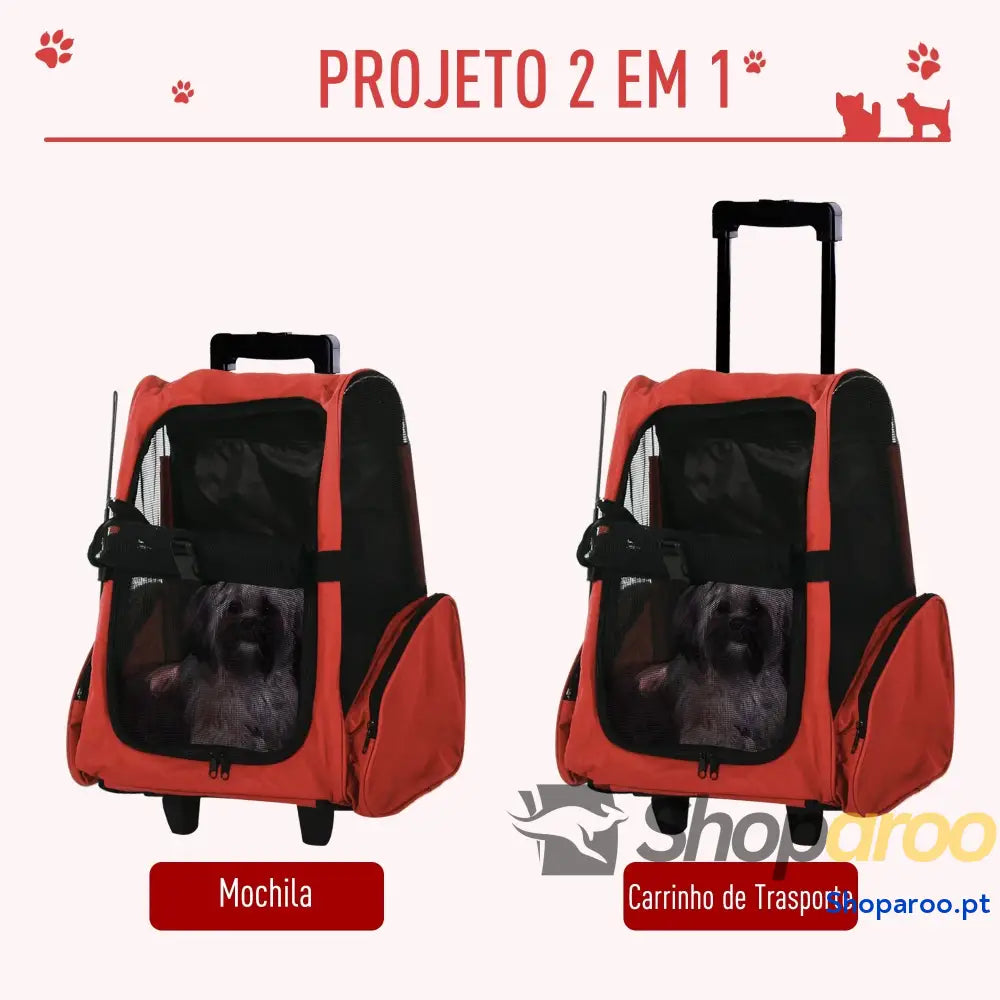 Transportadora 2 em 1 para Animais de Estimação Mochila e Carrinho Vermelha