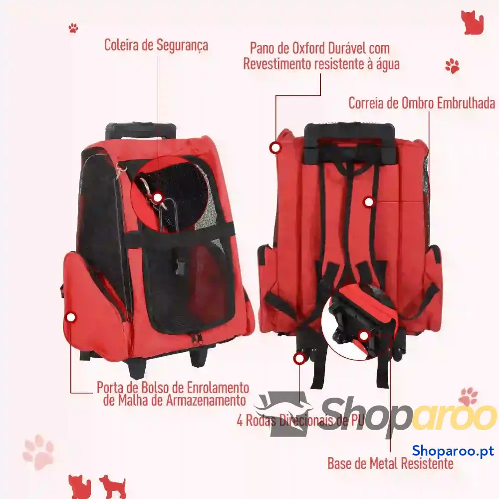 Transportadora 2 em 1 para Animais de Estimação Mochila e Carrinho Vermelha
