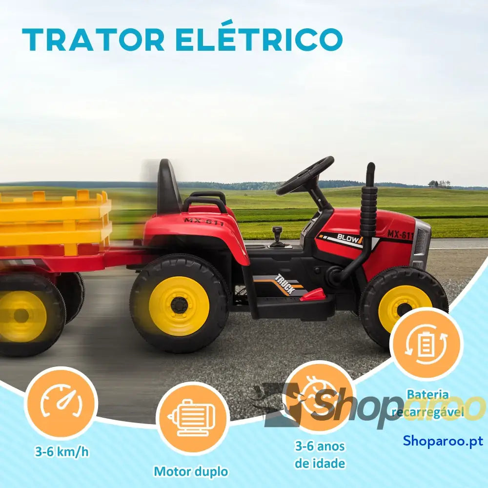 Trator Elétrico com Reboque Amovível Controlo Remoto Música MP3 Luzes e Cinto de Segurança 136,5x50x52,5 cm Vermelho