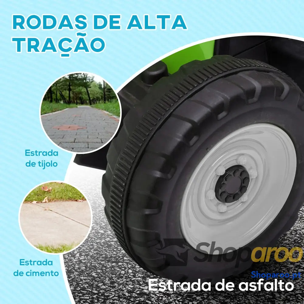 Trator Elétrico com Reboque Amovível Controlo Remoto Música MP3 Luzes e Cinto de Segurança 136,5x50x52,5 cm Verde